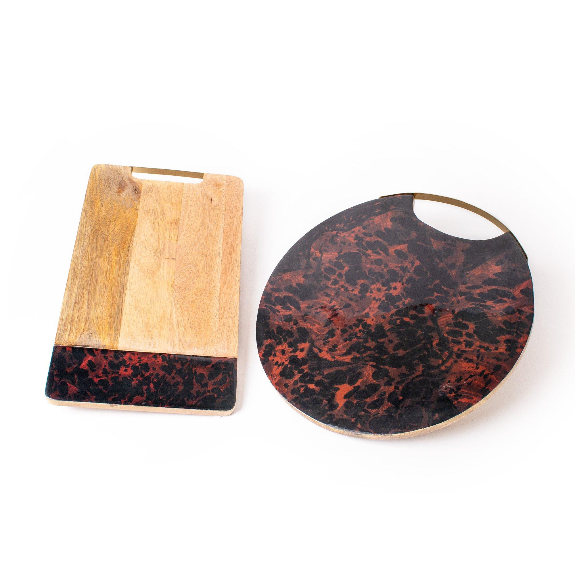 Serving Platter Set with Mango Wood Serving Platters with Tortoise Shell Resin, Round and Rectangula