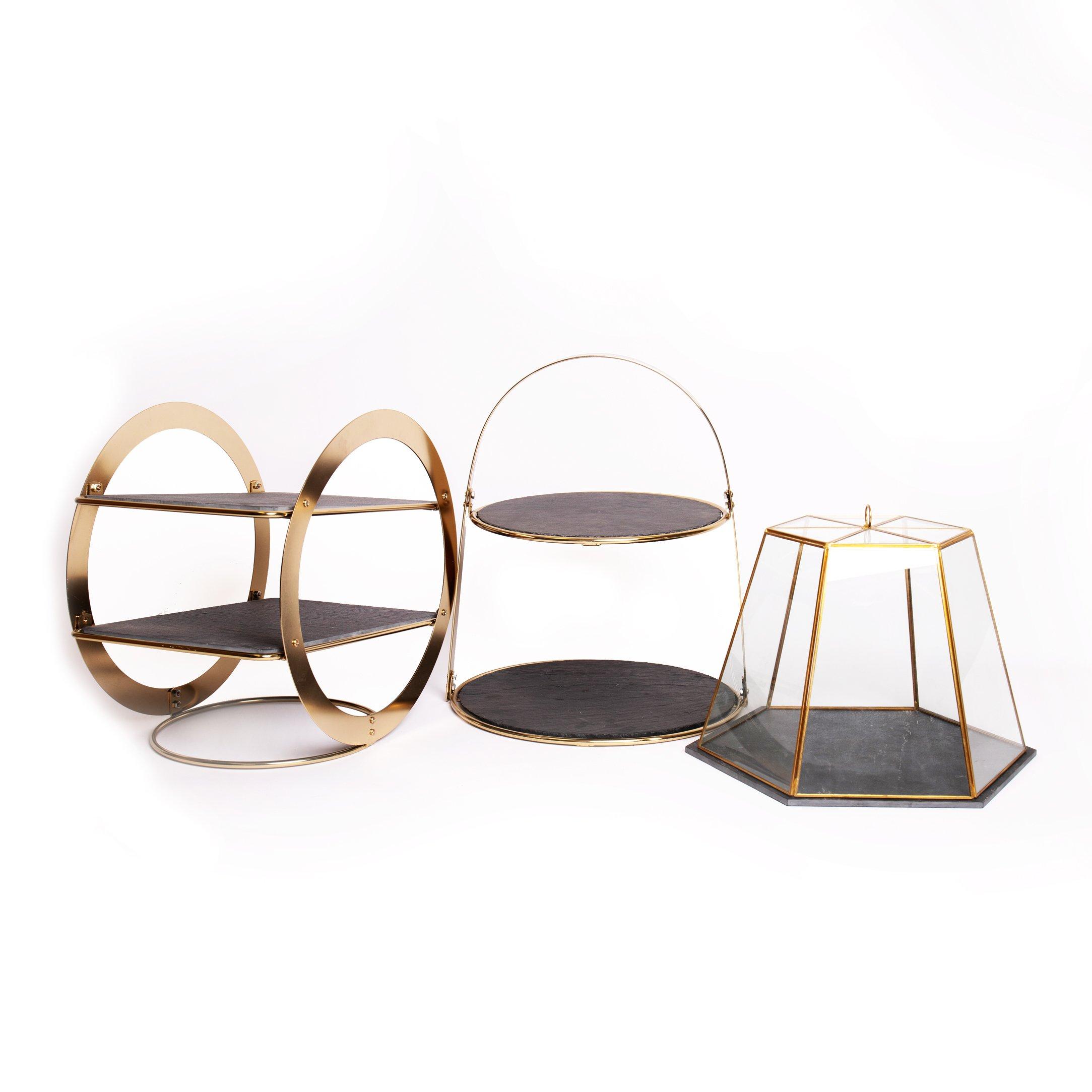Serveware Set with 2-Tier Brass Cake Stand; 2-Tier Geometric Brass Serving Stand & Glass Serving Clo