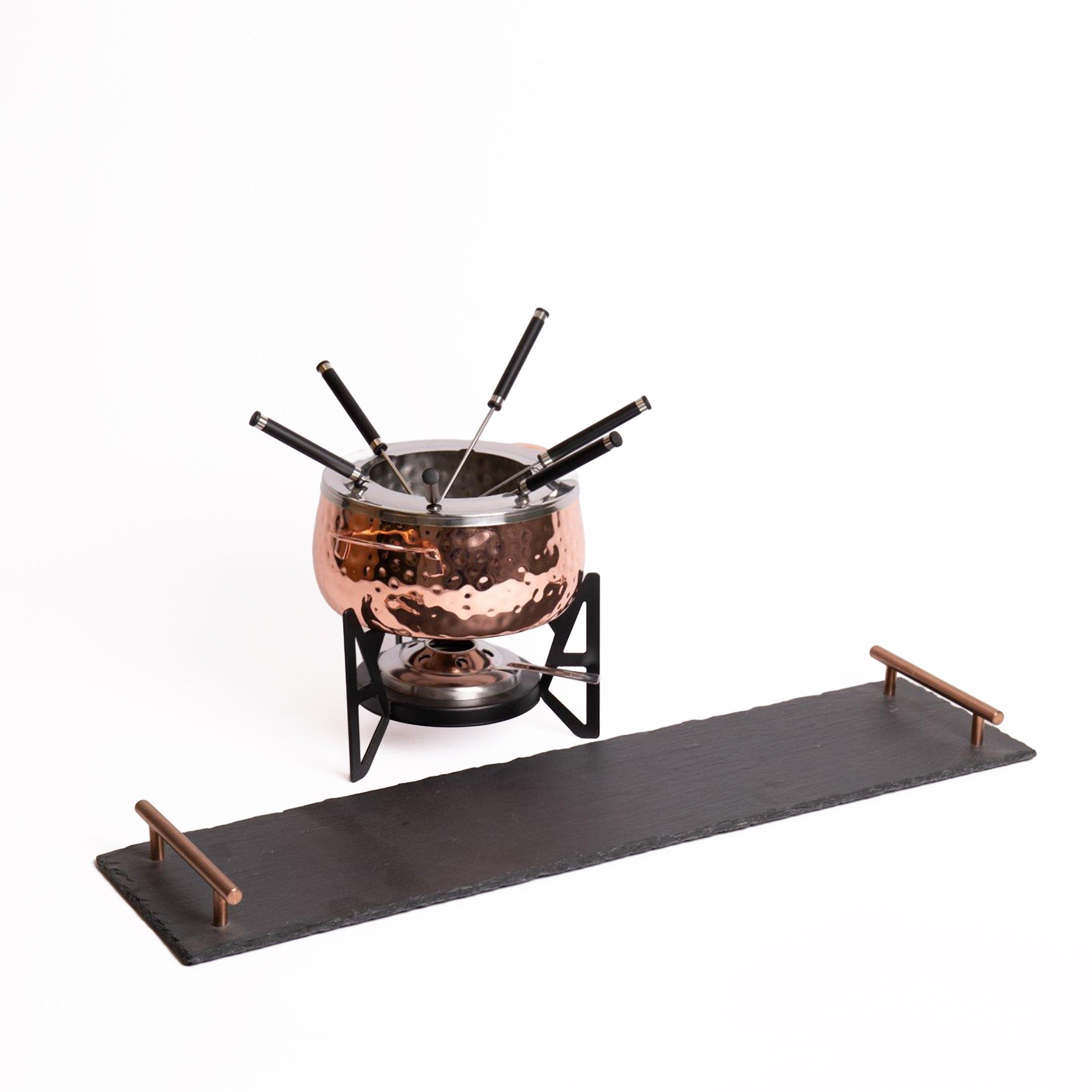 Fondue Set, including Copper Fondue Pot with 5x Forks and Slate Serving Platter with Copper Handles