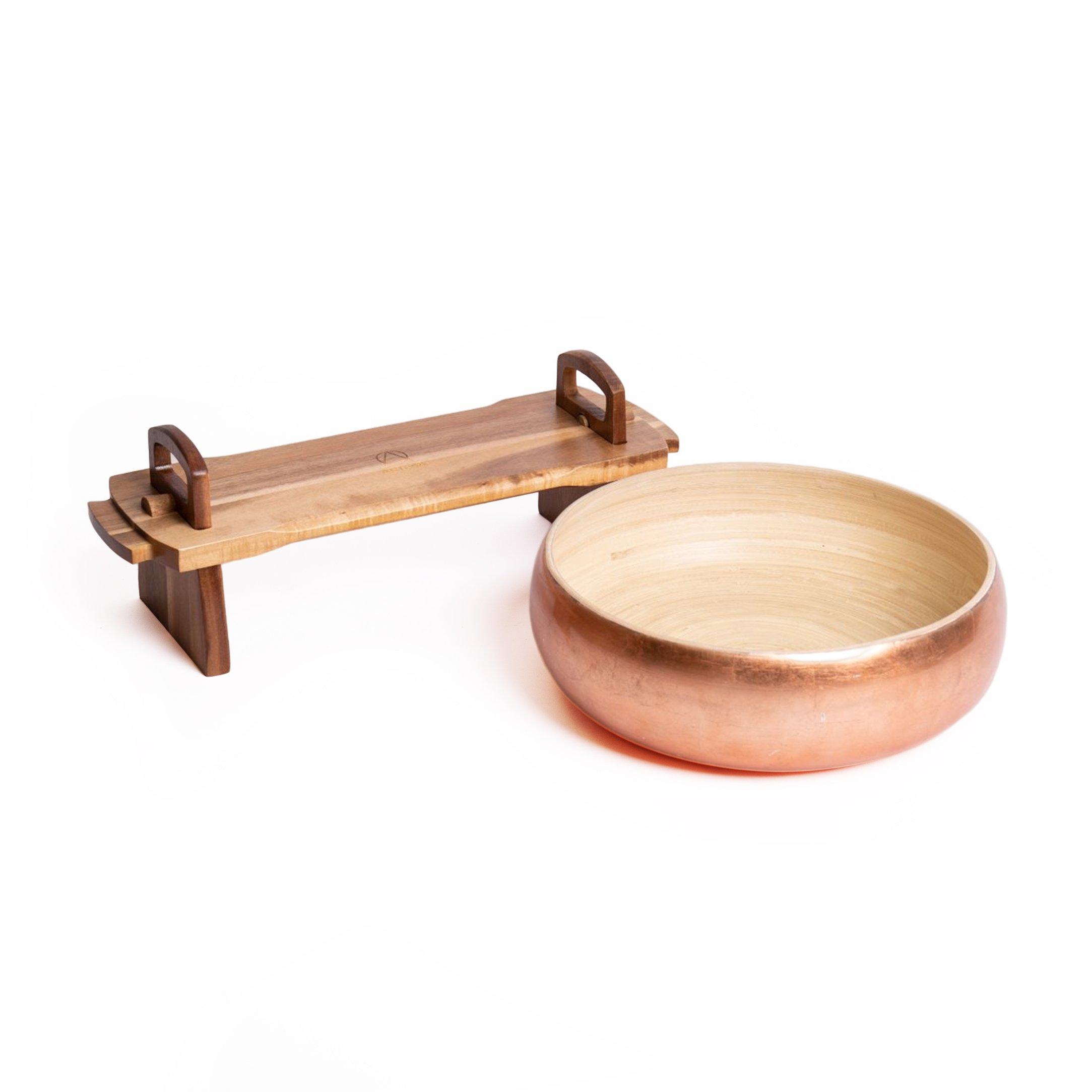 Wooden Serveware Set with Bamboo Serving Bowl and Large Acacia Wood Antipasto Platform Platter