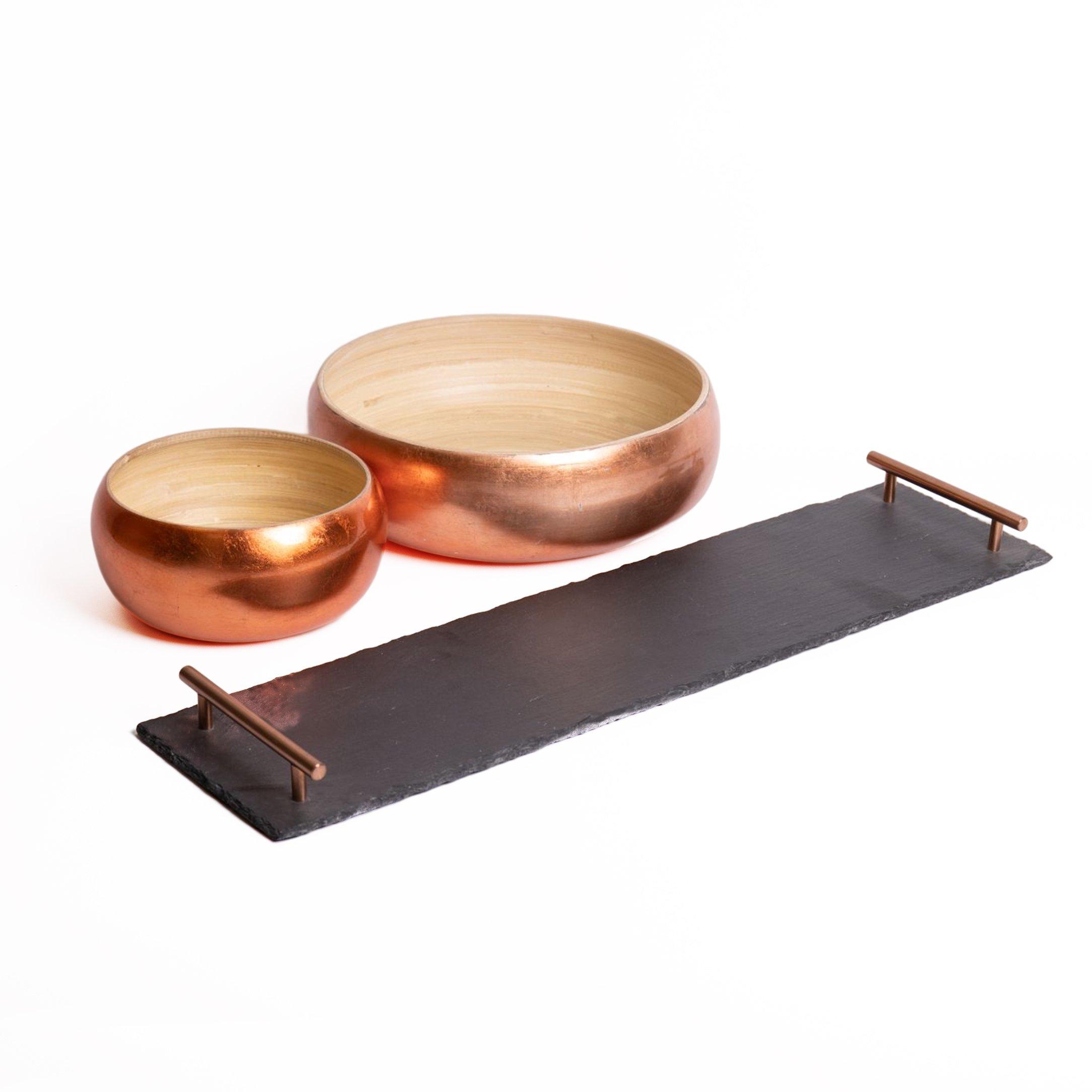 Serveware Set with Medium and Large Bamboo Serving Bowls and Slate Serving Platter with Copper Handl