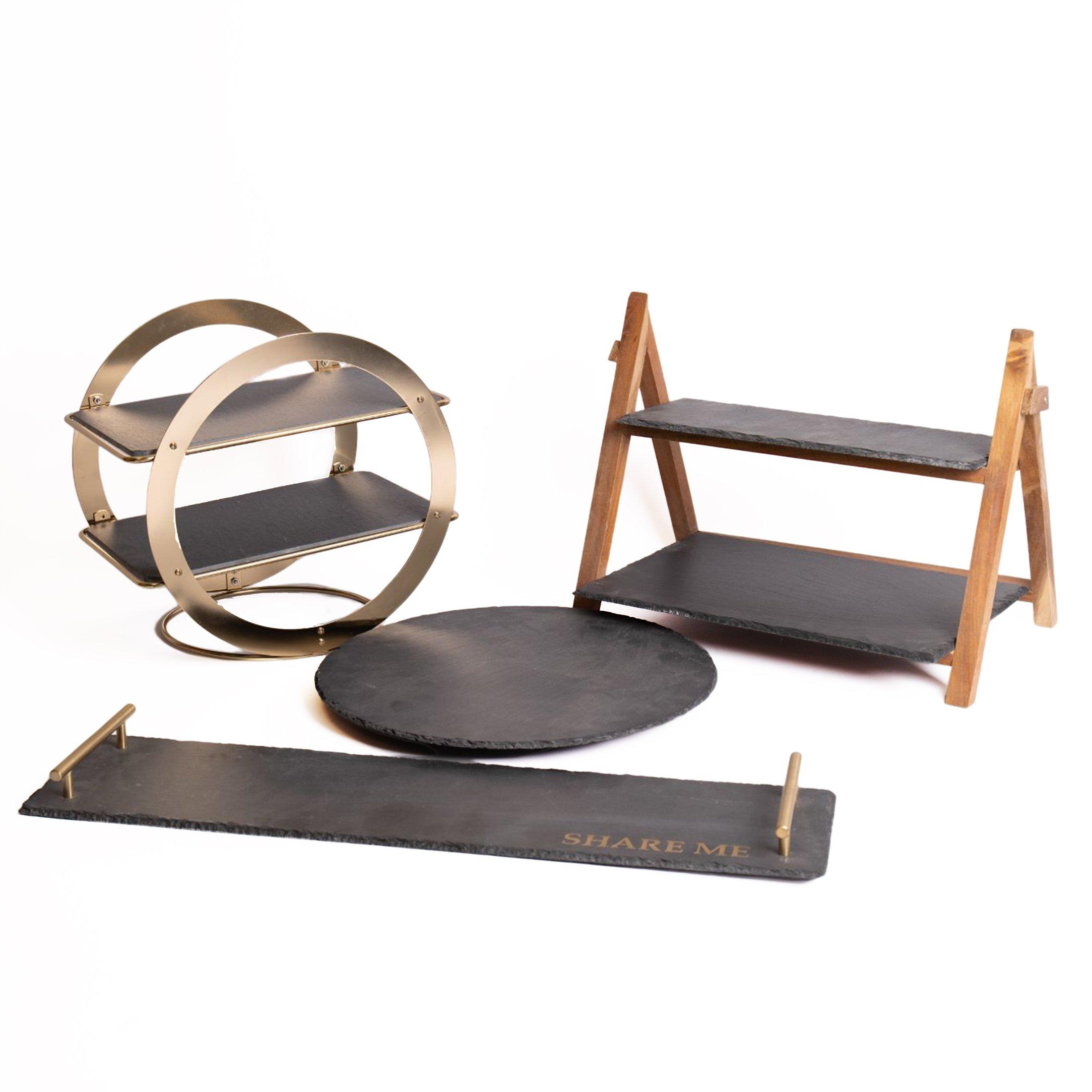 Slate Serveware Set with Geometric Serving Stand, 2-Tier Slate & Wood Stand, Platter with Brass Hand