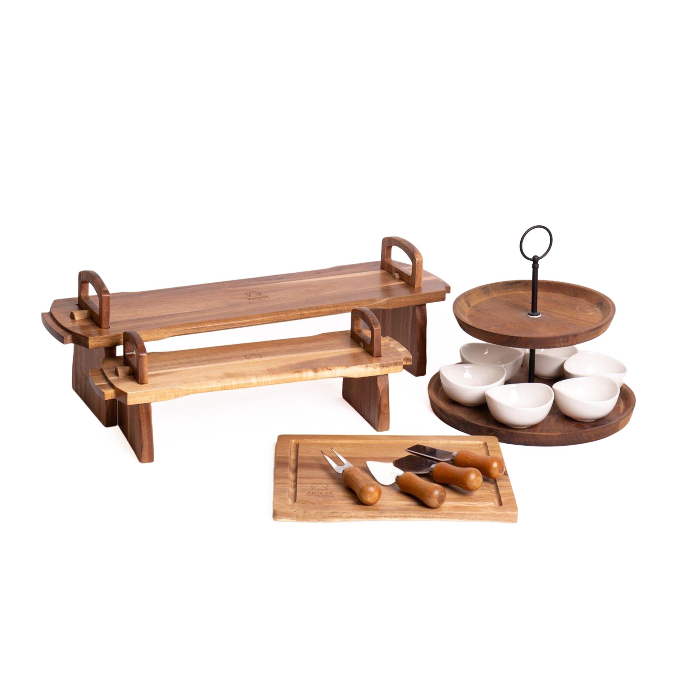 Acacia Wood Serving Set with 2x Platform Serving Platters, Serving Stand with 6x Porcelain Bowls, Ch