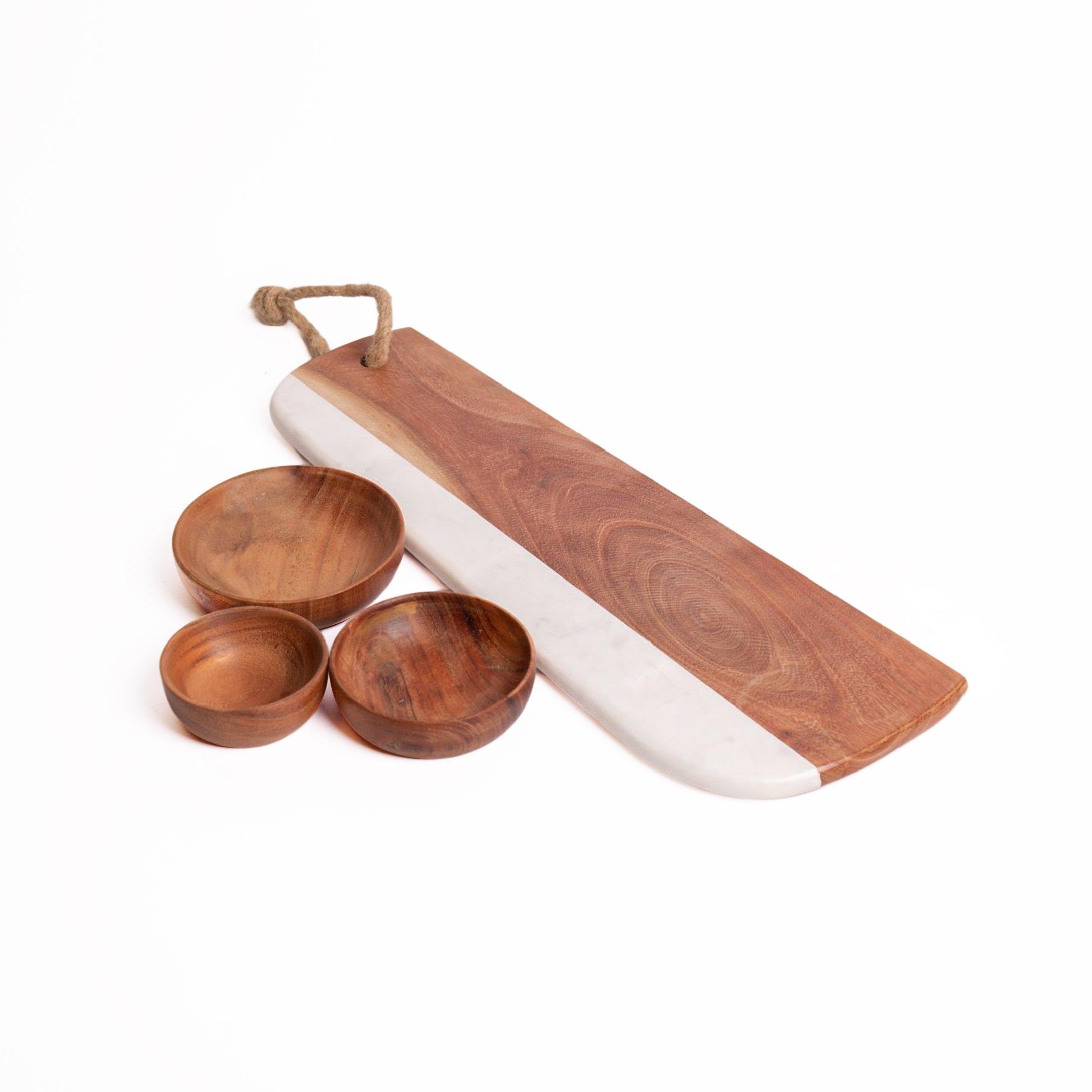 Acacia Wood Serveware Set with Marble & Wood Serving Board and Three Nesting Serving Bowls