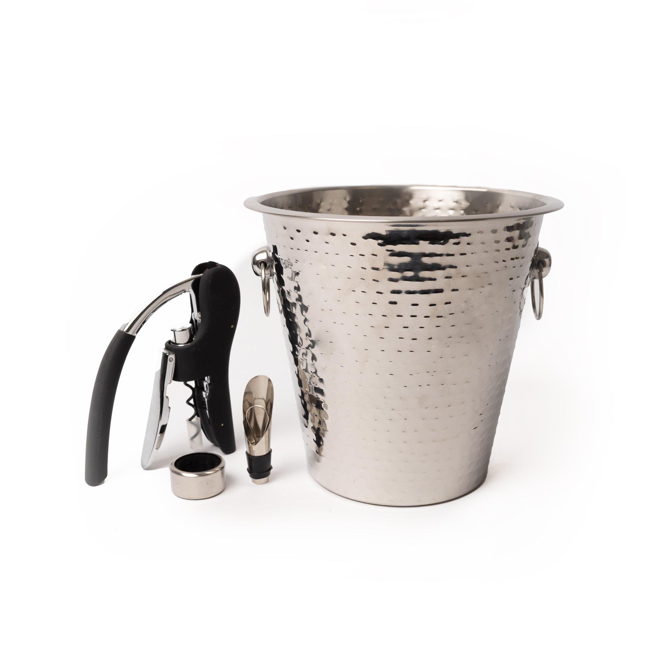Wine Accessories Set including Stainless Steel Hammered Wine Bucket, Corkscrew, Pourer and Drip Coll