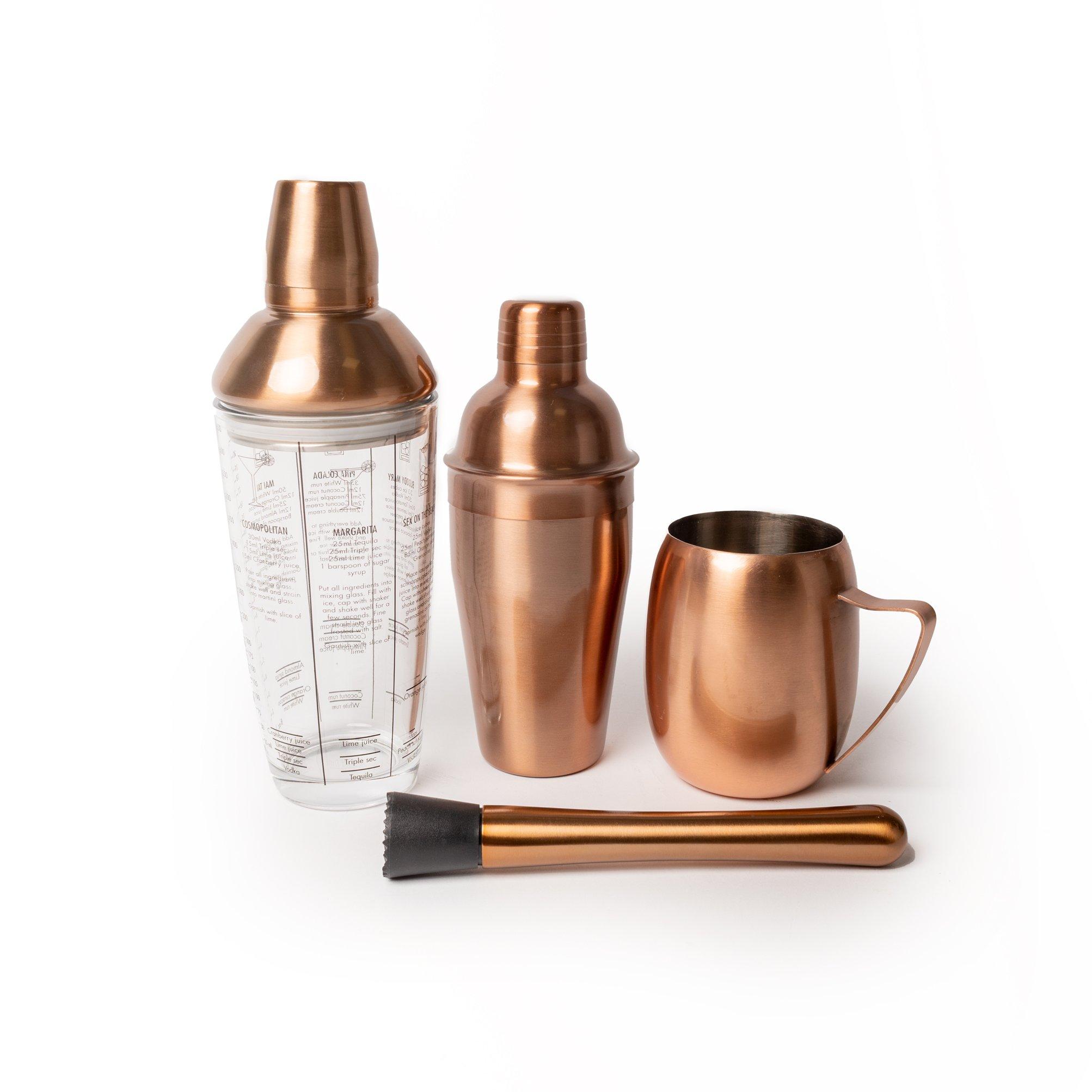Cocktail-Making Set with Copper Finish Classic Cocktail Shaker, Boston Shaker, Muddler and Moscow Mu