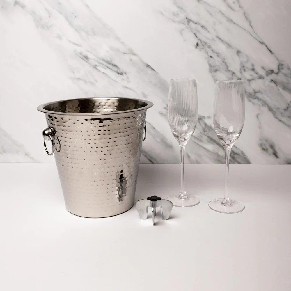 Drinkware Set including 2x Ribbed Champagne Flutes, Bottle Opener and Stainless Steel Champagne Buck