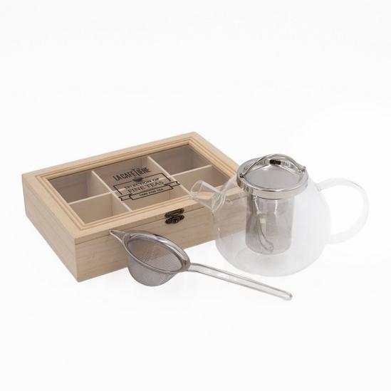 la_cafetiere 3pc Tea Set with Darjeeling 4-Cup Glass Teapot with Infuser, Tea Strainer and 6-Compartment Tea Box 1
