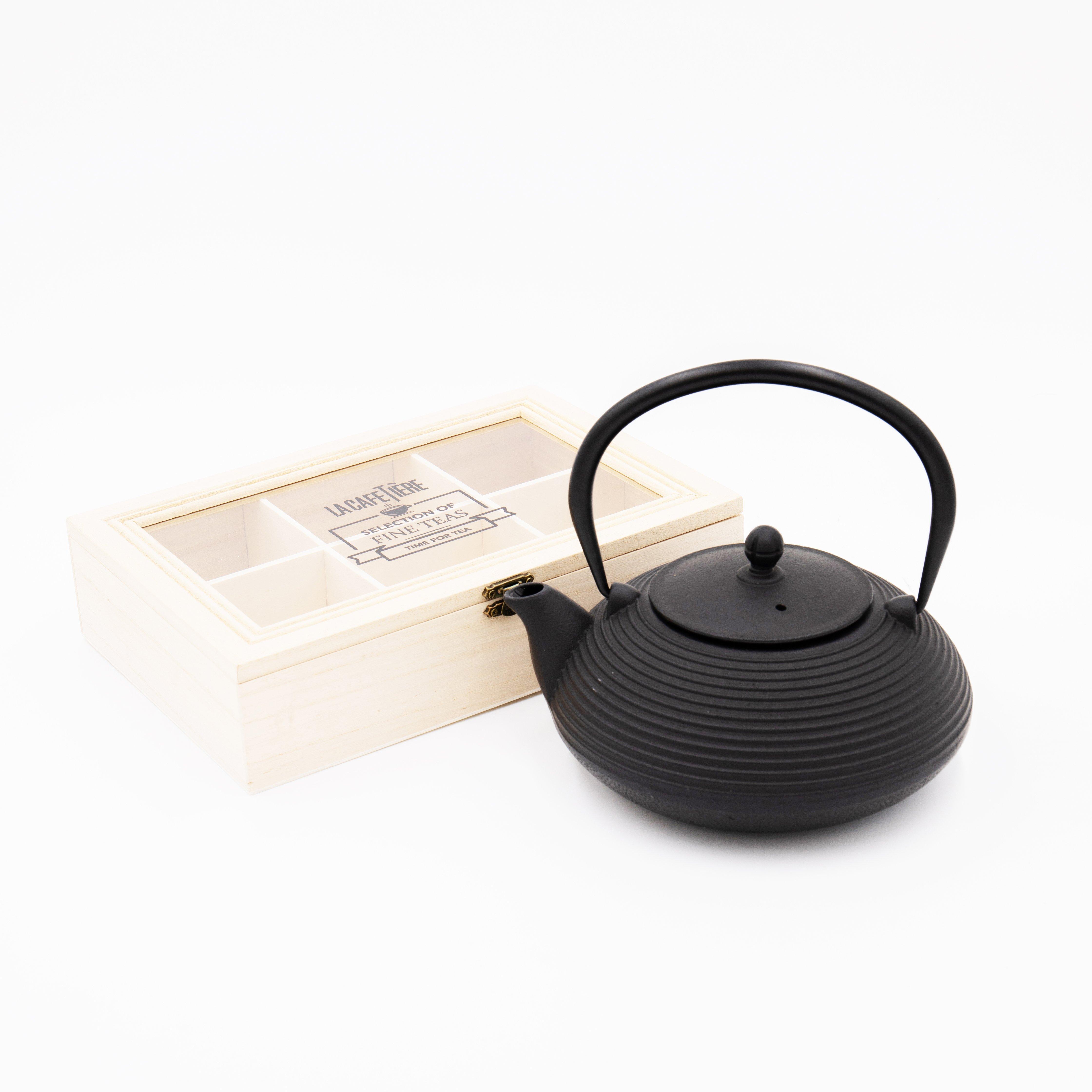2pc Tea Set including Large Black Cast Iron Teapot with Infuser, 900ml and Wooden Compartment Tea Bo