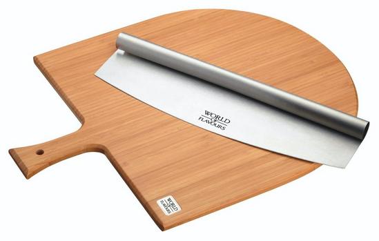 KitchenCraft 3pc Pizza Peel Set with Pizza Paddle, Bamboo Serving Board and Stainless Steel Rocking Knife 3