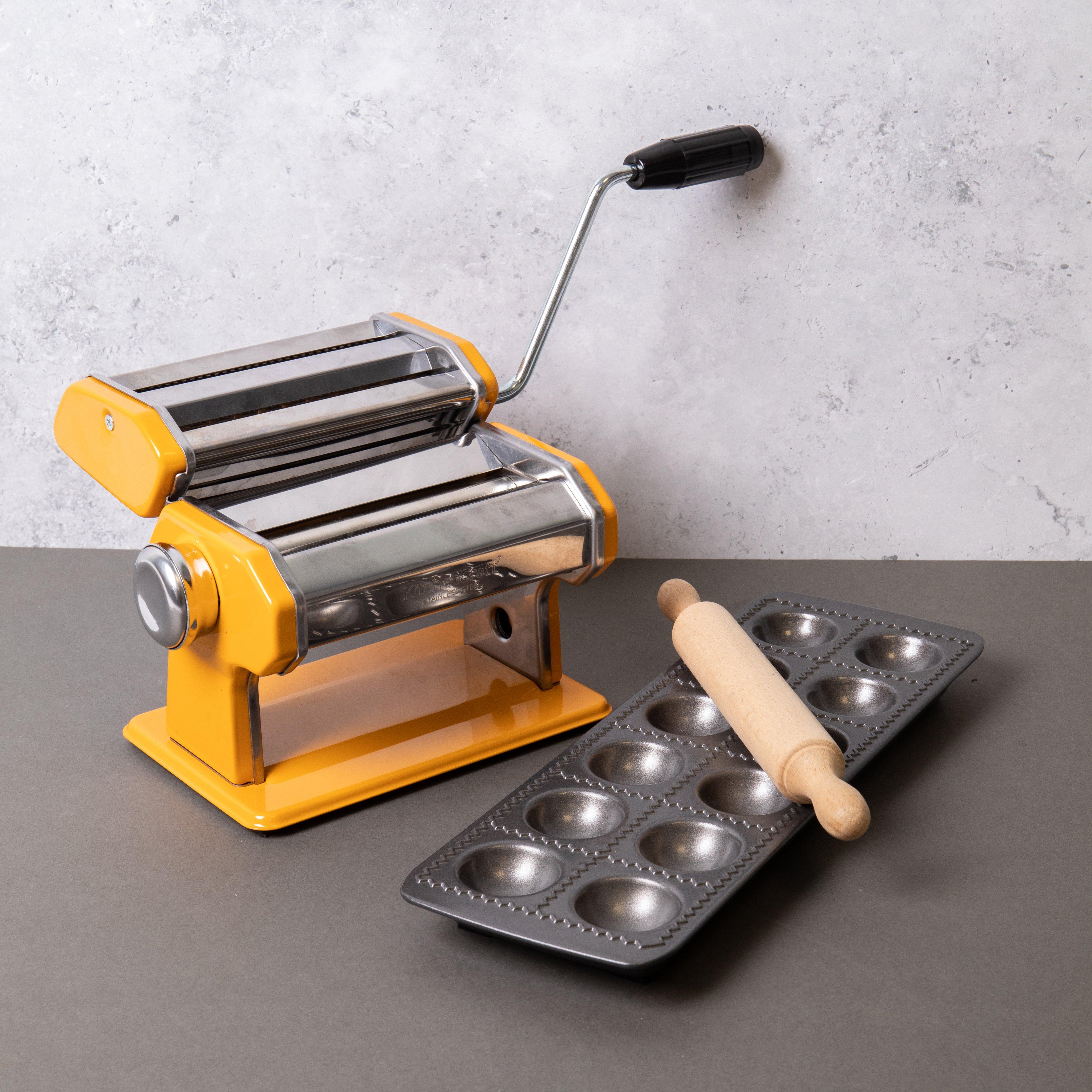 Pasta Making Set with Yellow Stainless Steel Pasta Maker, Non-Stick Ravioli Mould and Rolling Pin