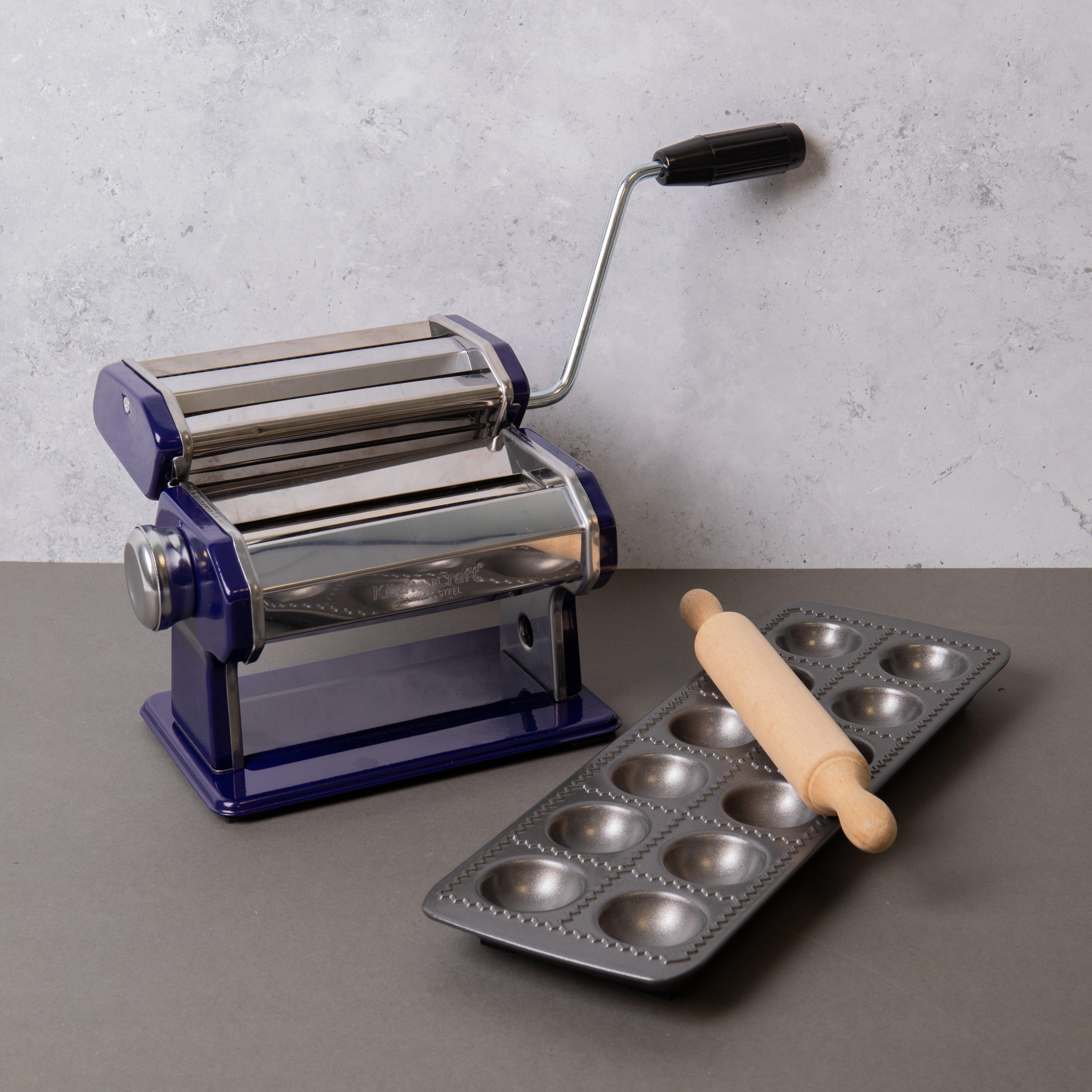 Pasta Making Set with Blue Stainless Steel Pasta Maker, Non-Stick Ravioli Mould and Rolling Pin