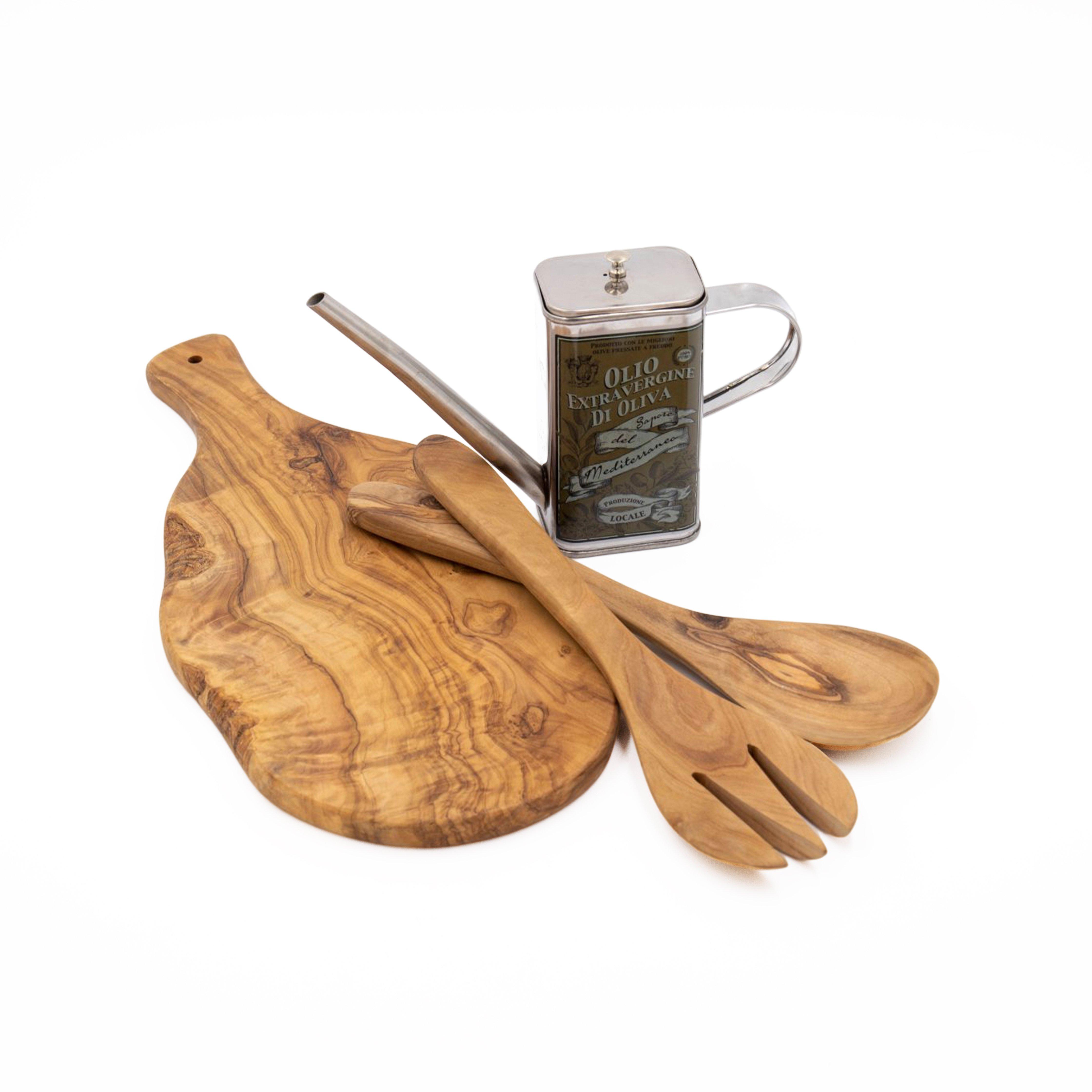 3pc Italian Cooking Set with Olive Wood Salad Servers, Serving Board and Oil Can