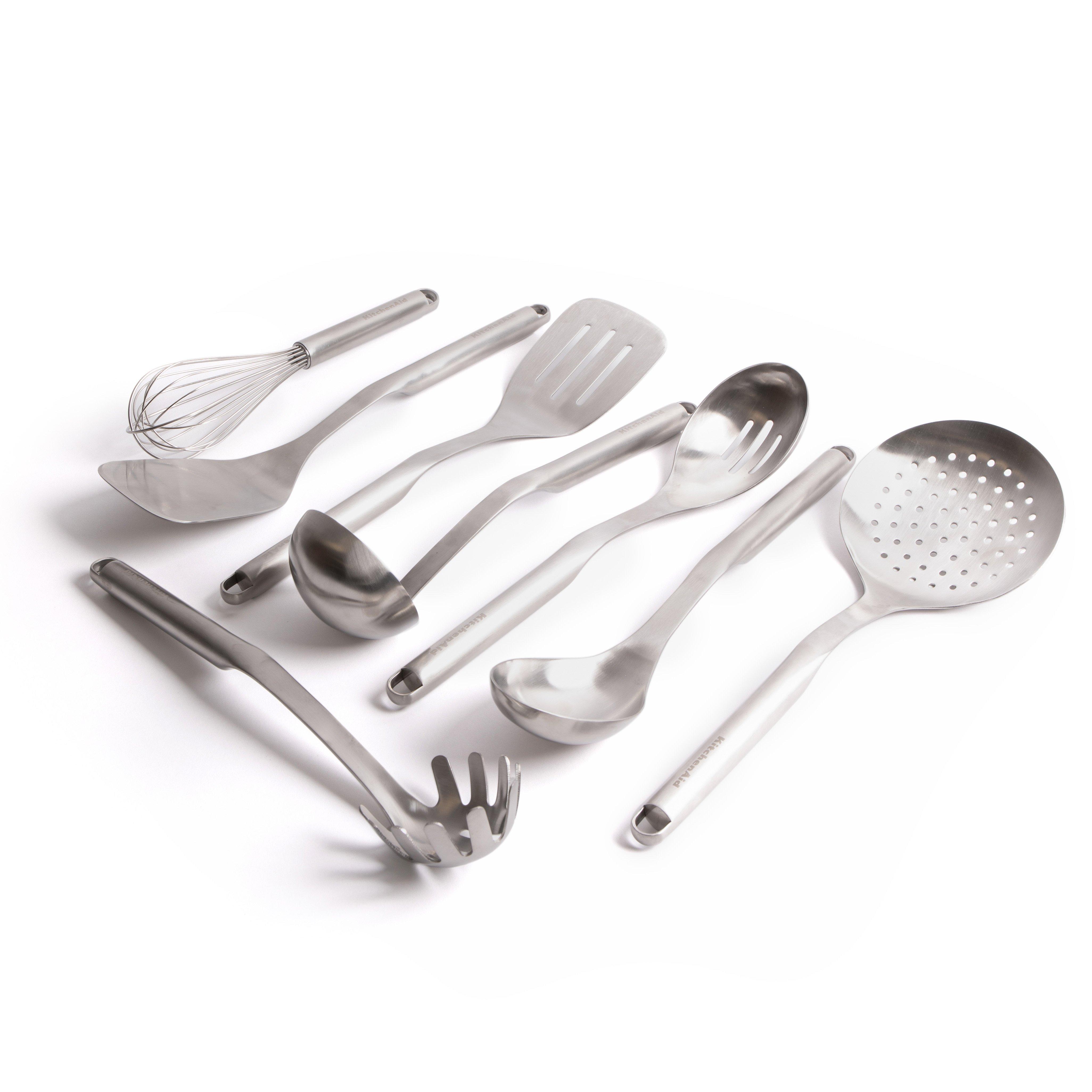 8pc Stainless Steel Utensil Set with Slotted Spoon, Turner, Cooking Spoon, Ladle, Pasta Server, Stra