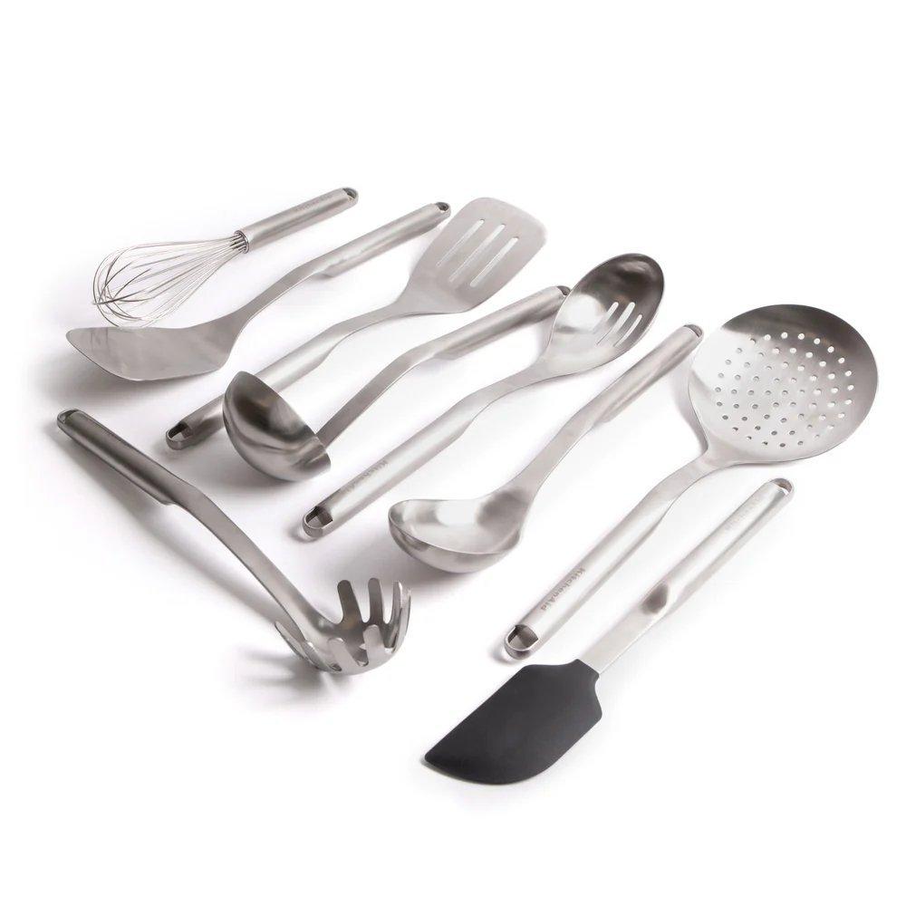 9pc Stainless Steel Utensil Set with Slotted Spoon, Turner, Cooking Spoon, Ladle, Pasta Server, Stra