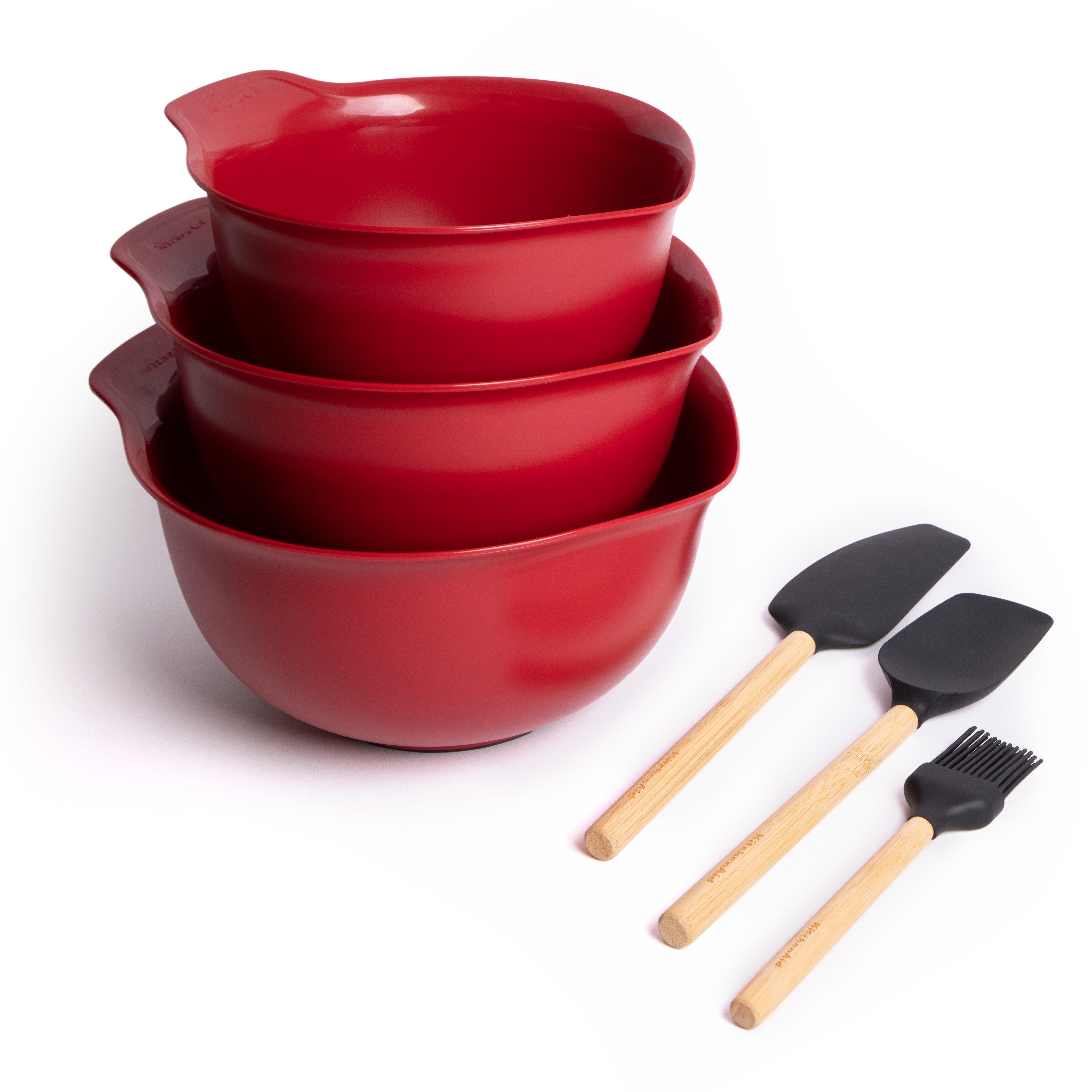 6pc Baking Set - 2x Spatula, Pastry Brush, 3x Red Nesting Mixing Bowls