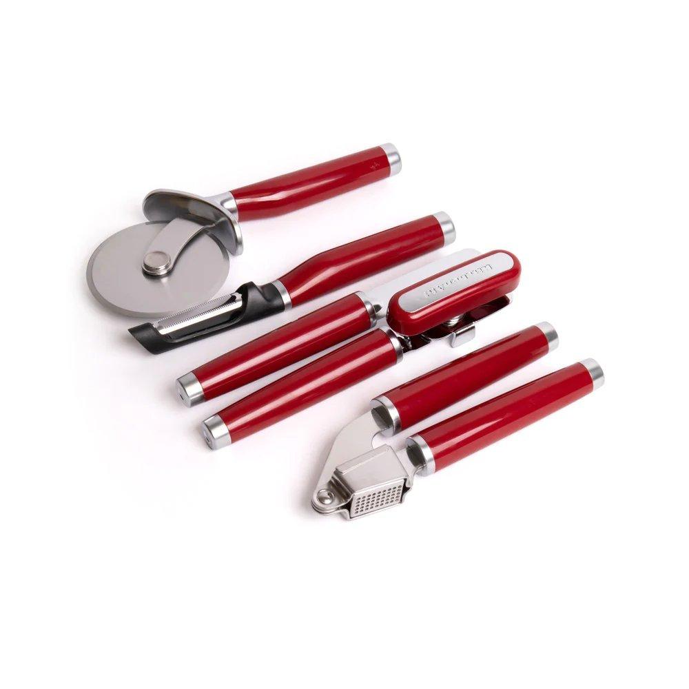 4pc Empire Red Kitchen Utensil Set with Multi-Function Can Opener, Pizza Wheel, Garlic Press & Euro 