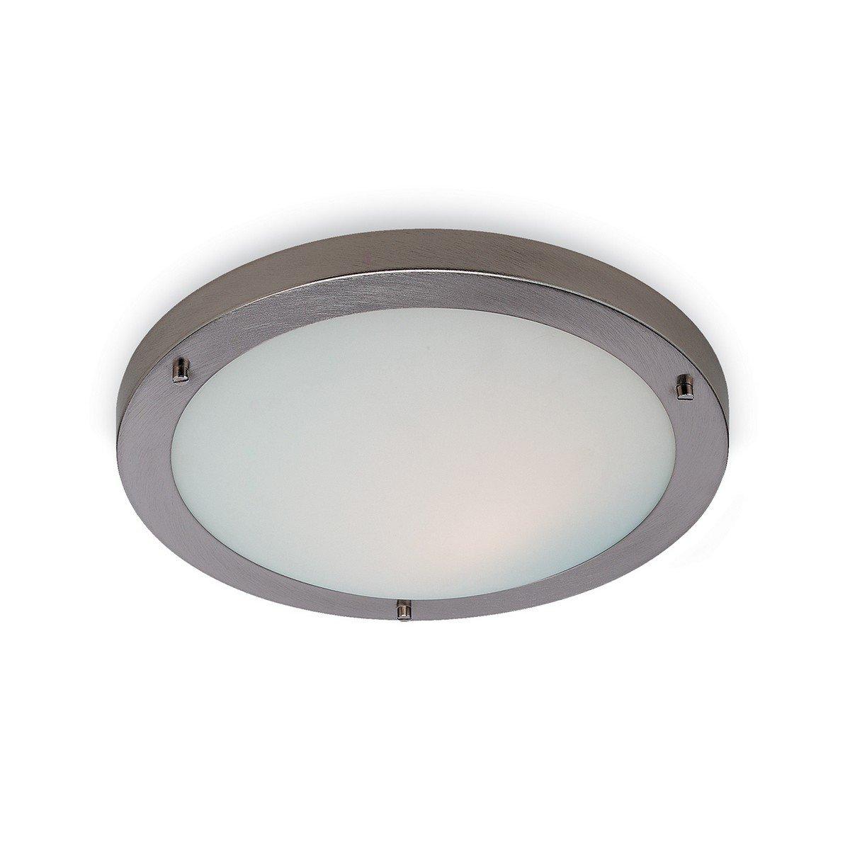 Rondo 1 Light Flush Ceiling Light Brushed Steel Opal Glass IP54 E27