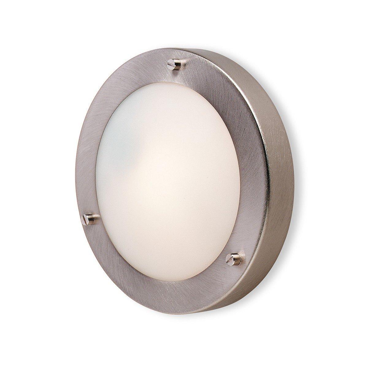 Rondo 1 Light Wall Flush Ceiling Light Brushed Steel Opal Glass IP54 G9