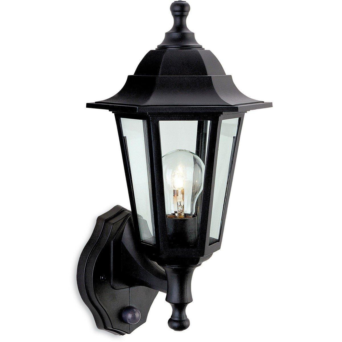 Malmo 1 Light Outdoor Wall Lantern Uplight With Pir Black Resin IP44 E27