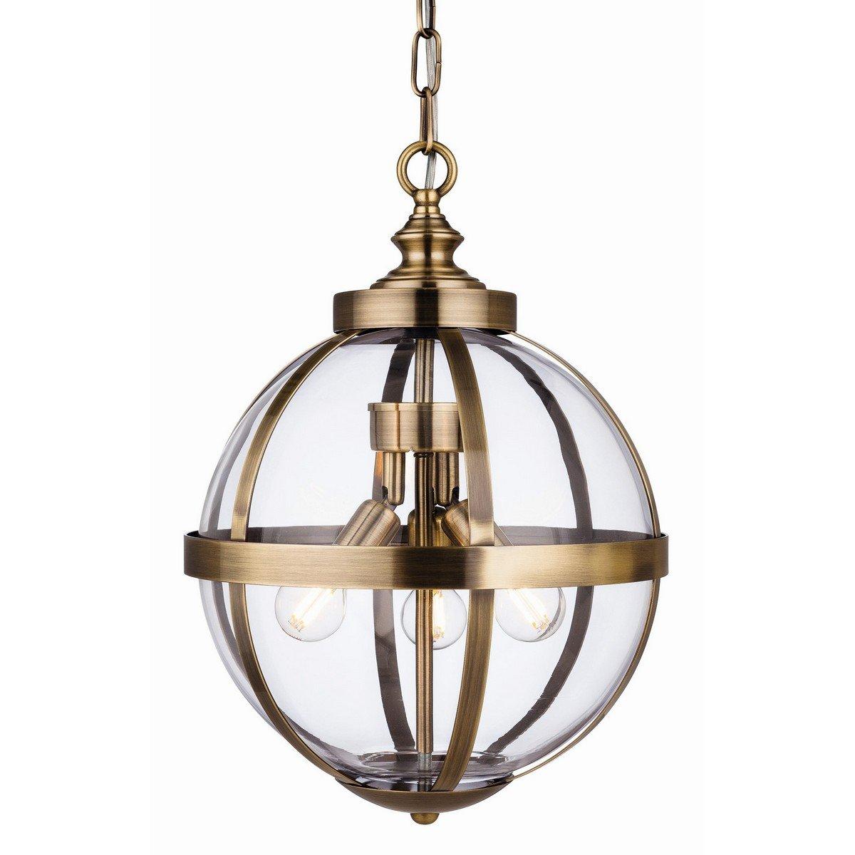Monroe 3 Light Cage Ceiling Pendant Antique Brass with Clear Glass E14