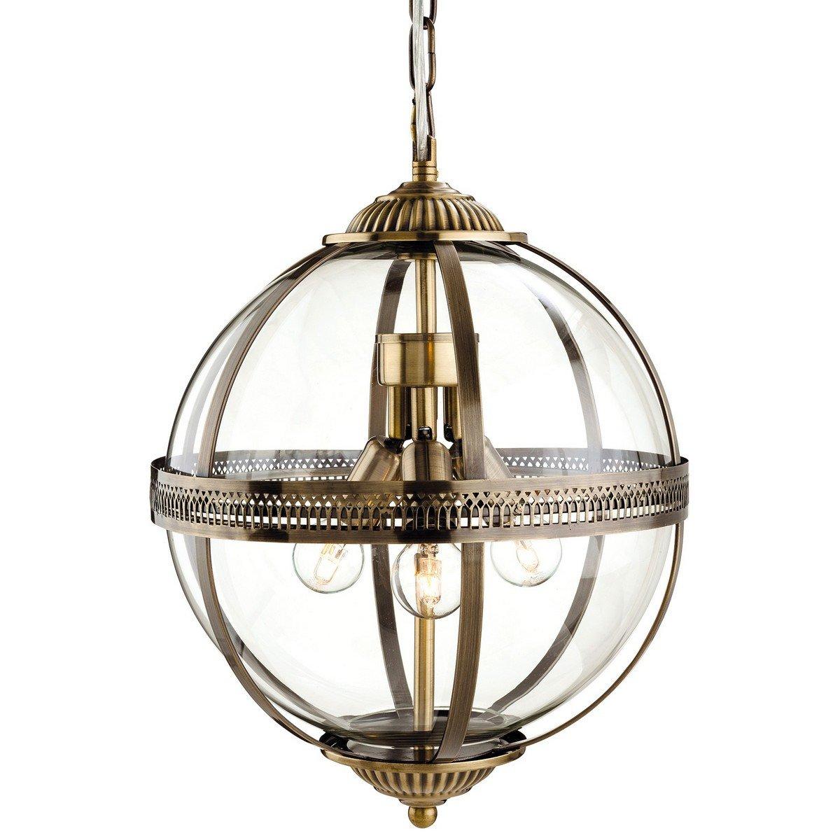 Mayfair 3 Light Spherical Ceiling Pendant Antique Brass Clear Glass E14