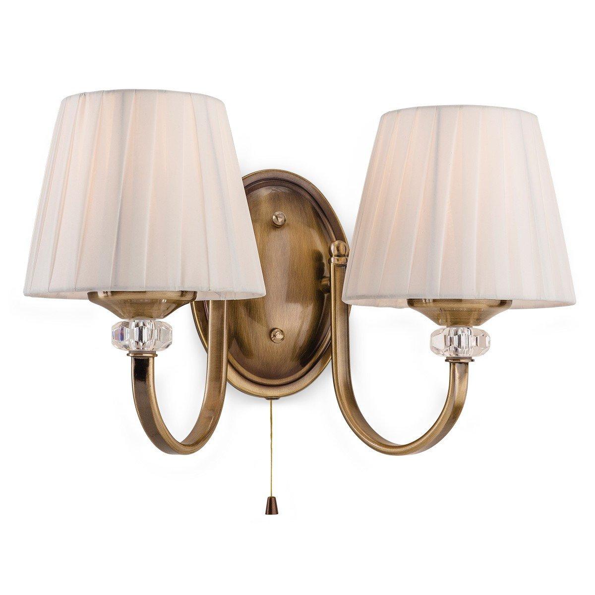 Langham 2 Light Indoor Wall Light (Switched) Antique Brass Pleated Cream Shades E14