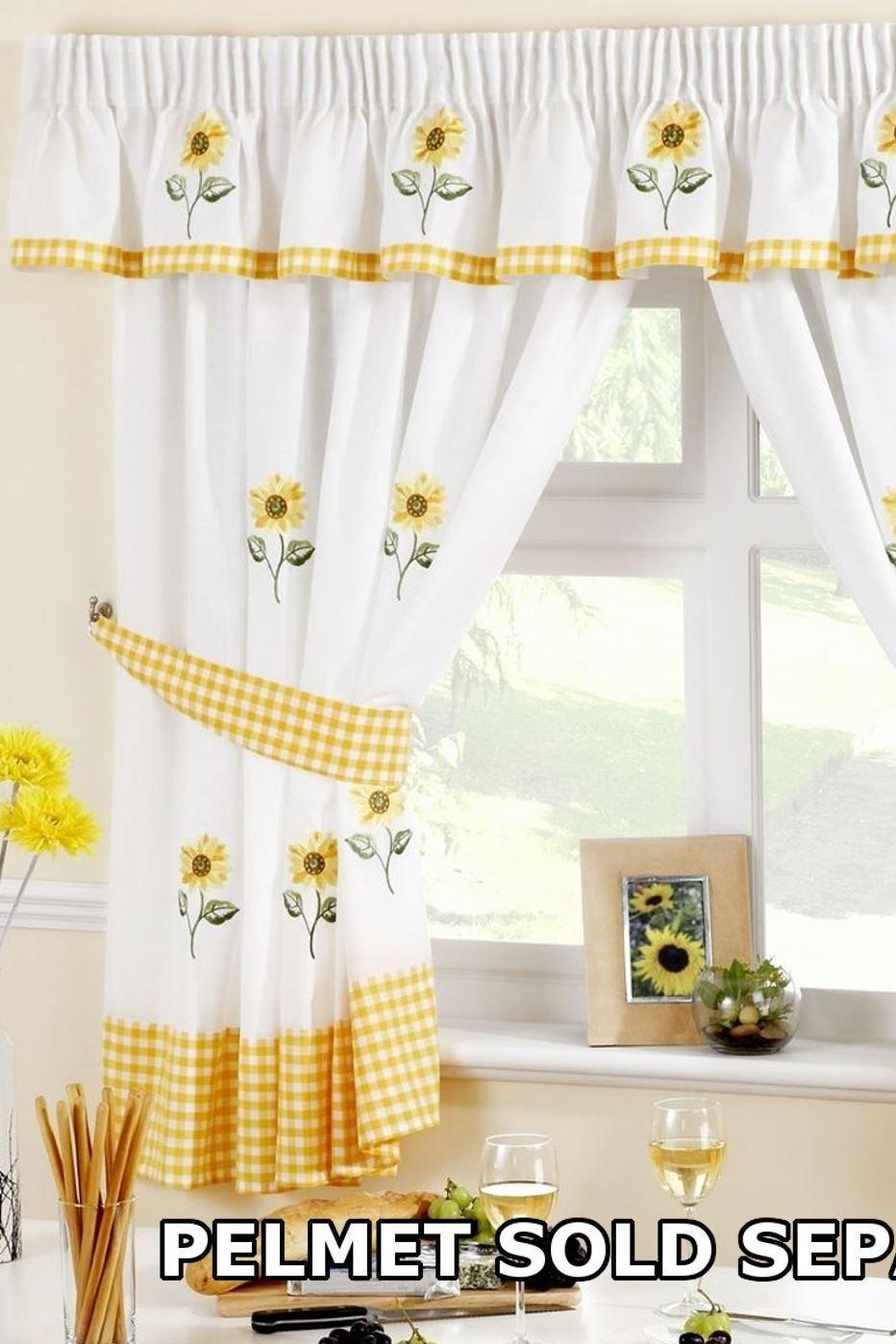 Sunflower Taped Embroidered Floral Curtains With Tie Backs