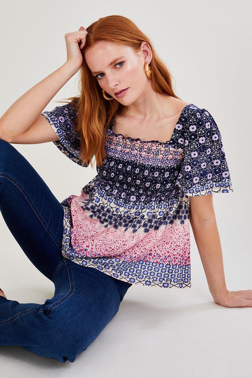 Floral Printed Shirred Jersey Top