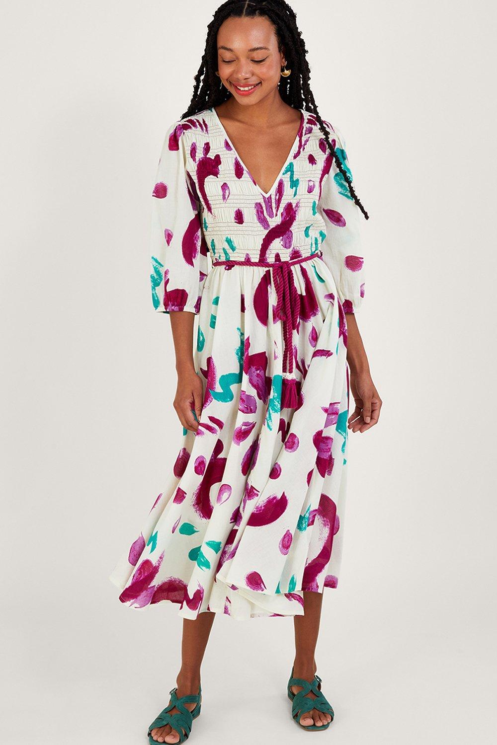 Abstract Brushstroke Print Shirred Midi Dress