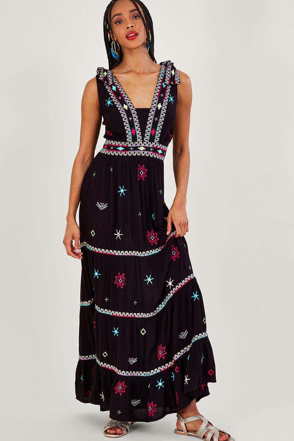 Wide Strap Motif Embroidered Maxi Cami Dress
