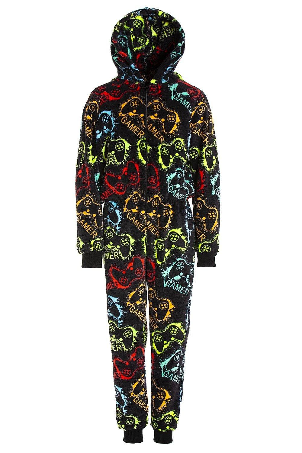 Supersoft Multicoloured Gamer Print Hooded All In One Onesie