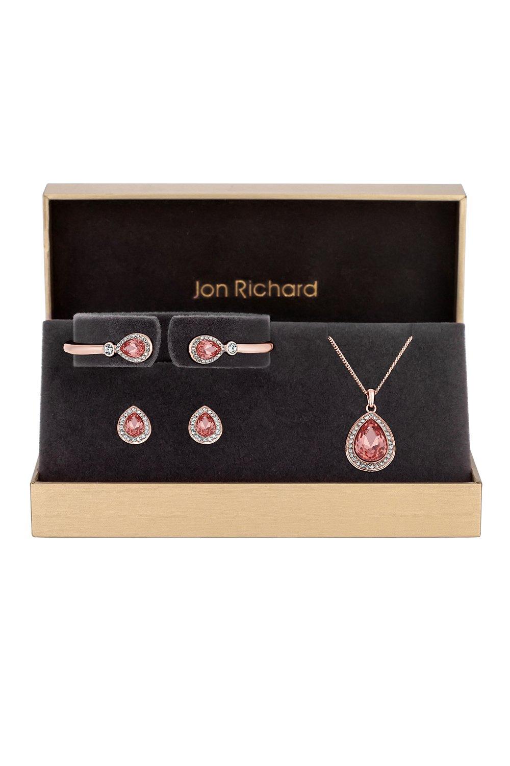 Jon Richard Women's Rose Gold Plated With Pink Pear Crystals Trio Set - Gift Boxed|pink