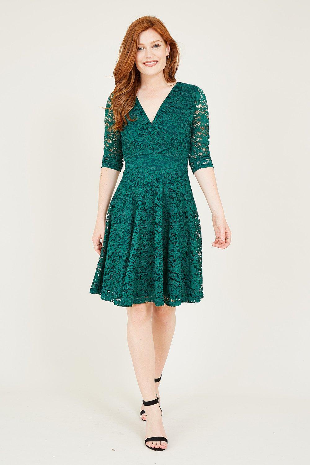 Green Delicate Lace Long Sleeve 'Kenna' Dress