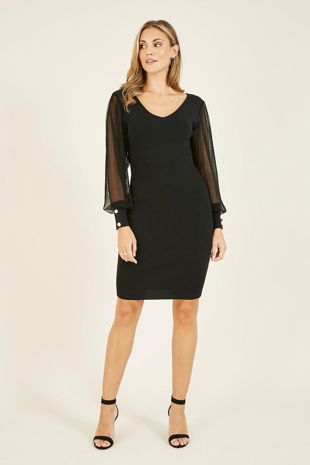 Black Knitted Bodycon Dress With Chiffon Sleeves