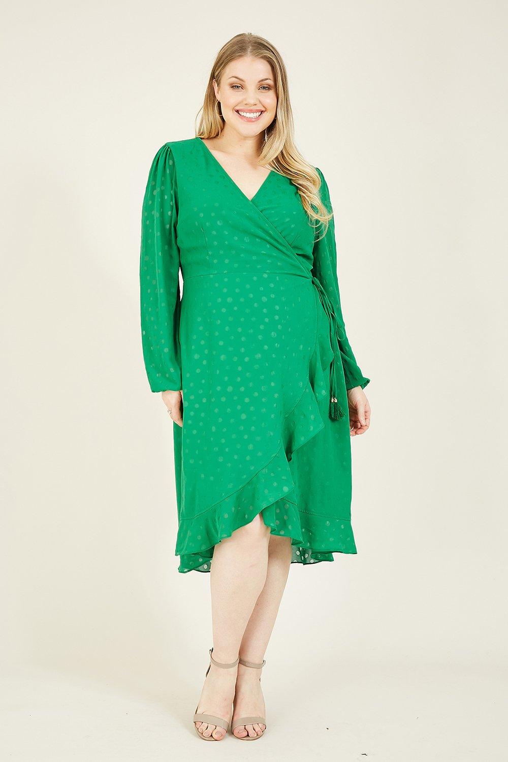 Green Frill Plus Size Spotted Long Sleeve Wrap Dress