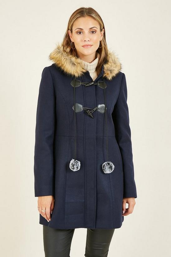 Yumi Navy Duffle Coat With Fur Trim Hood 2