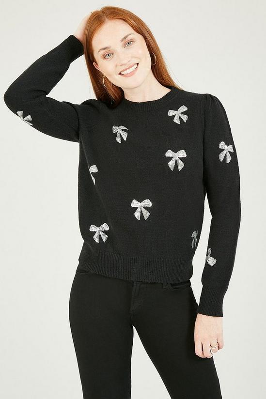 Yumi Black Sequin All Over Applique Bow Knitted Jumper 2