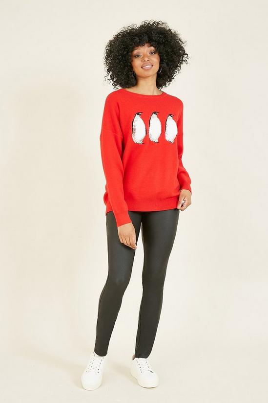 Yumi Red Festive Penguin Knitted Xmas Jumper 1
