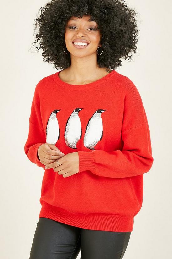 Yumi Red Festive Penguin Knitted Xmas Jumper 2