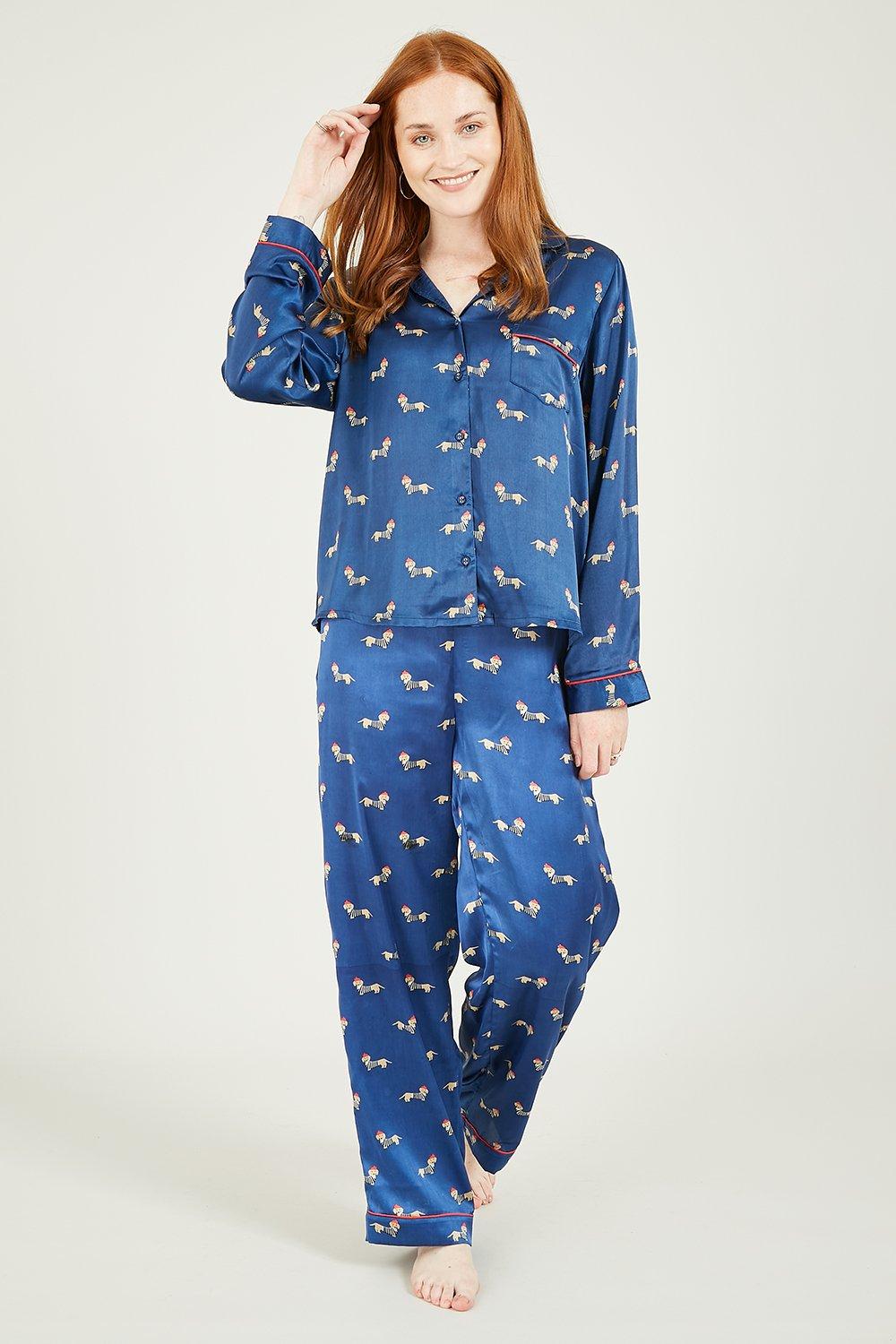 Nightwear | Navy 'Gea' Sausage Dog Satin Pyjamas | Yumi