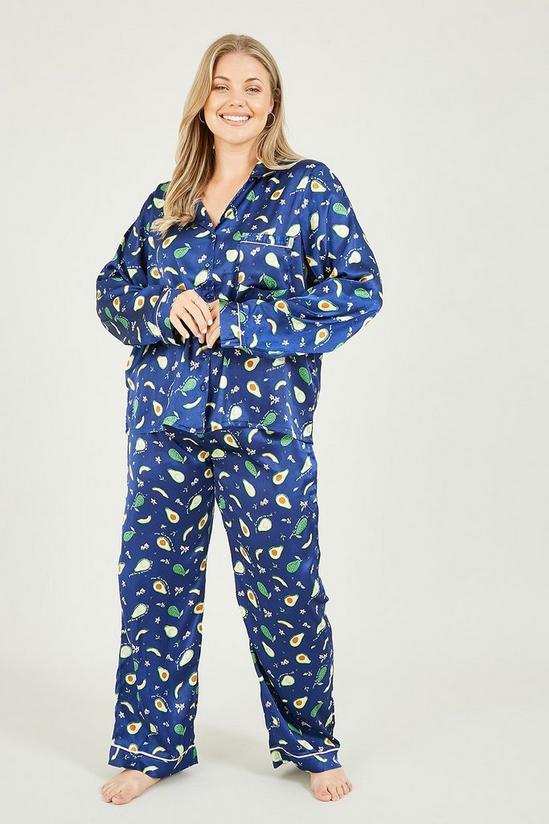 Yumi Curve Plus Size Navy Avocado Print 'Oksana' Satin Pyjamas 1