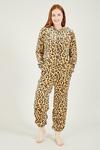 Yumi Brown Fleece 'Hibba' Leopard Print Onesie with Pockets thumbnail 1