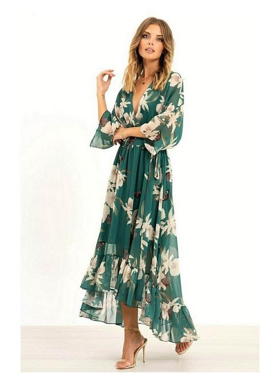 Dresses | Yumi Urban Green Floral Print Kimono Midi Wrap Dress | Yumi