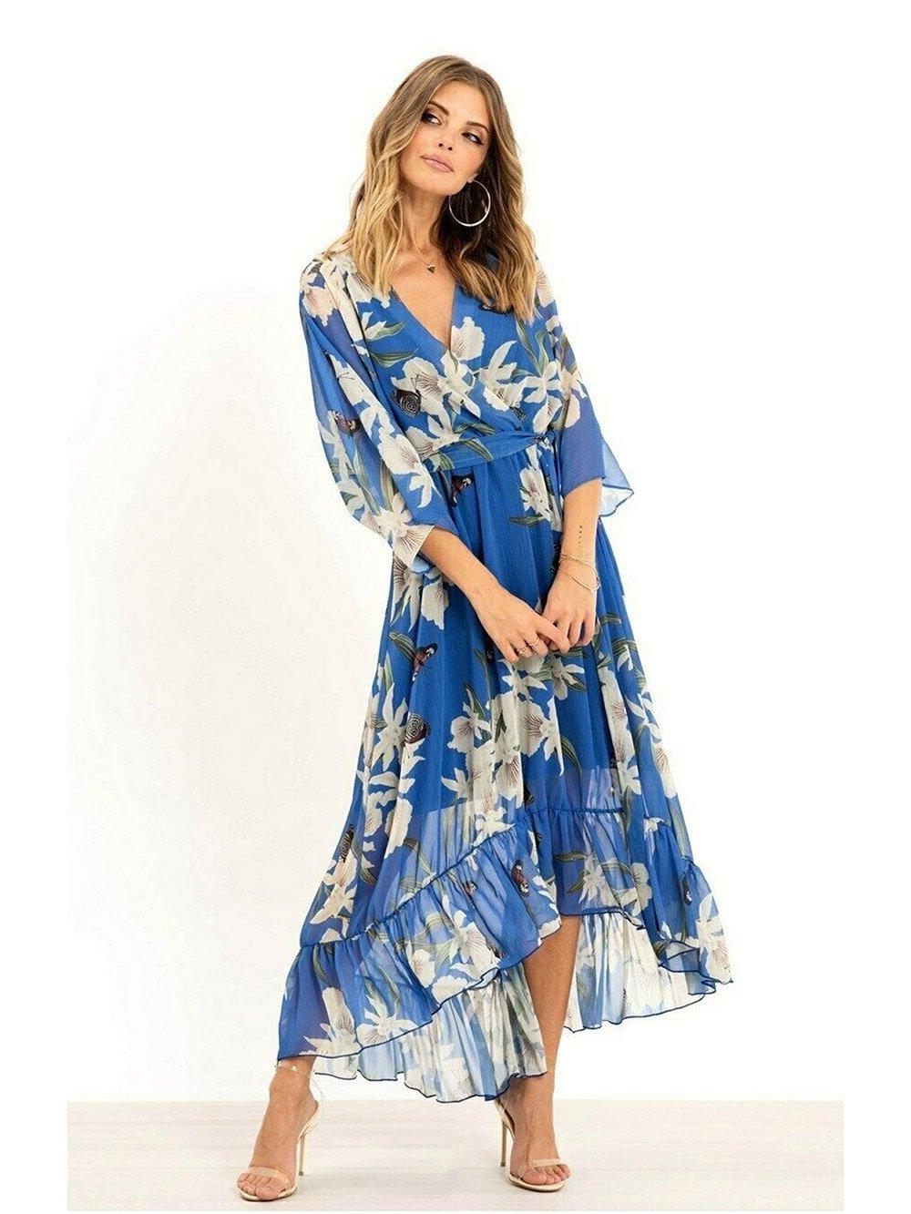 Urban Blue Floral Print Kimono Midi Wrap Dress