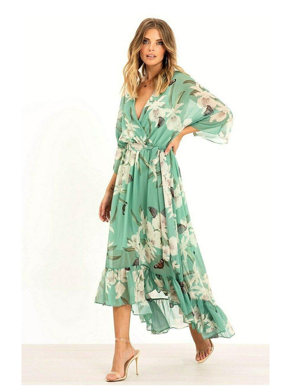 Dresses | Mint Floral Kimono Sleeves Dip Hem Wrap Midi Dress | Yumi