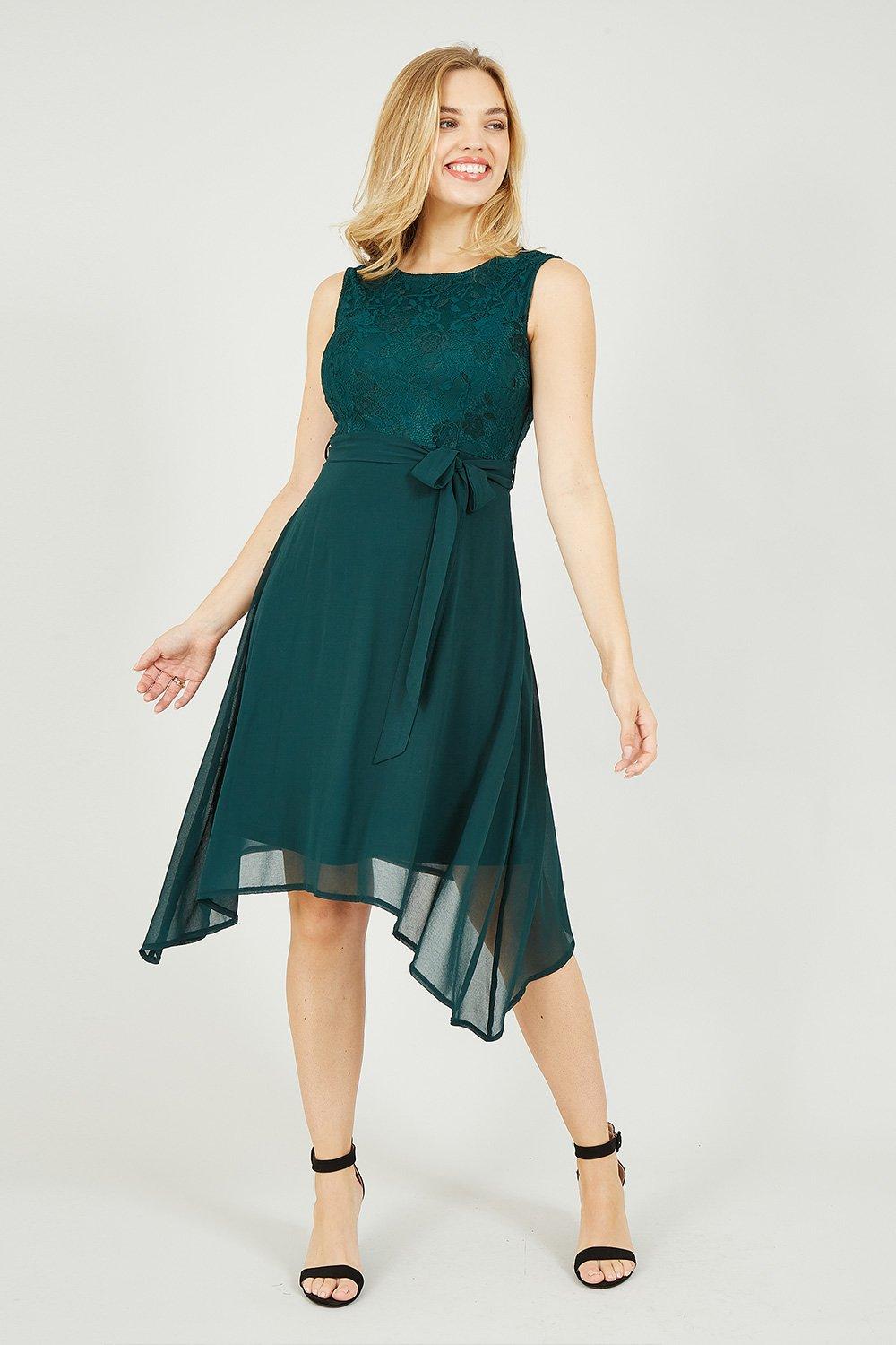 Green Lace And Woven Dipped Hem Dress