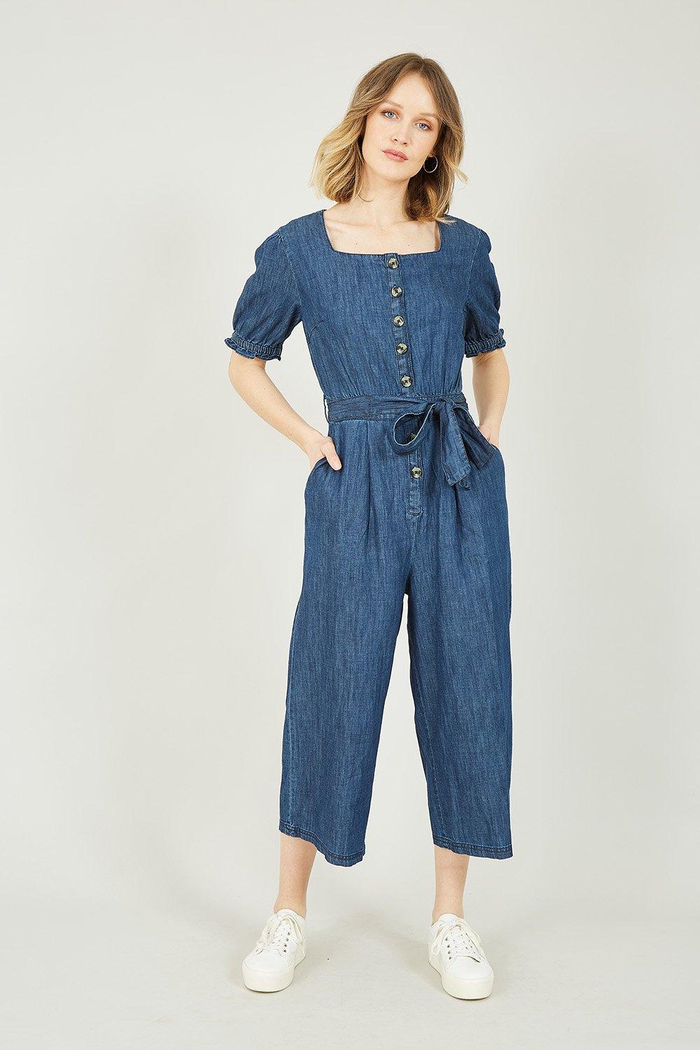 Blue Denim Jumpsuit With Puffy Sleeves