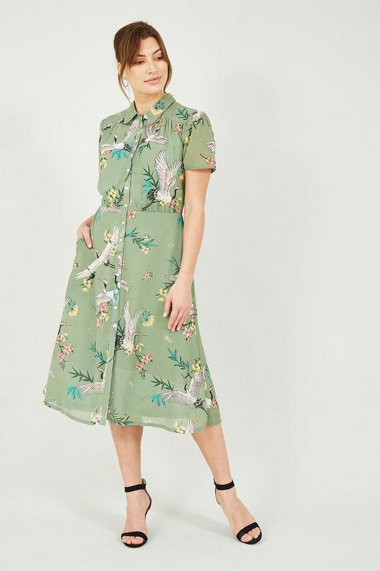 Yumi Green Crane Print Midi Shirt Dress 1