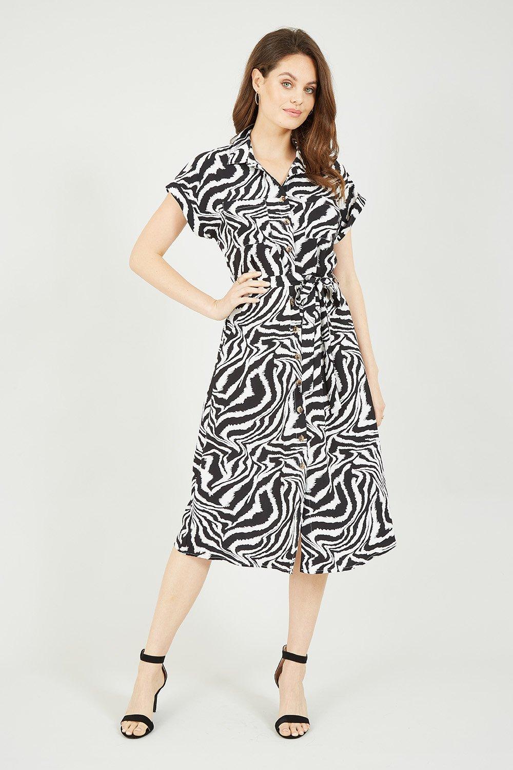 Black Zebra Print Midi Shirt Dress